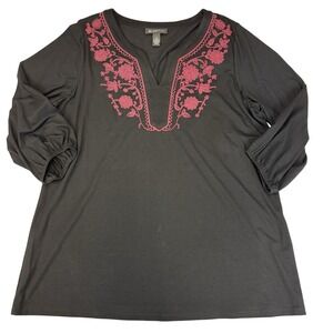 INC International Concepts Tunic Women 2X Black Pink Floral Embroidered Excellen